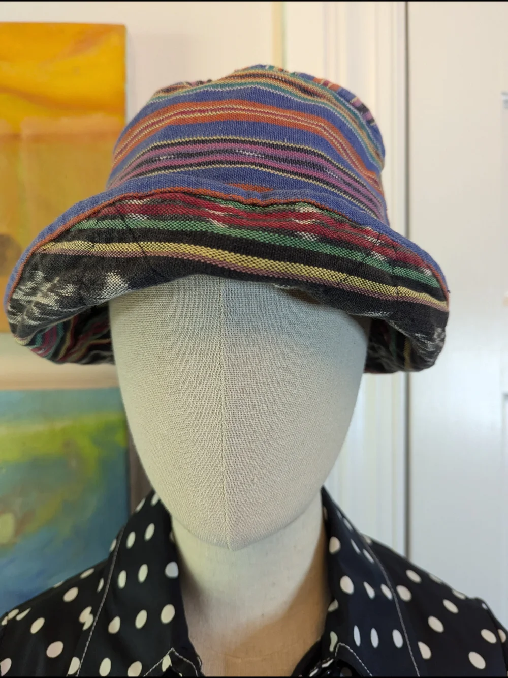 Vintage 1990s Reversible Bucket Hat - Multicolored Ikat Fabric